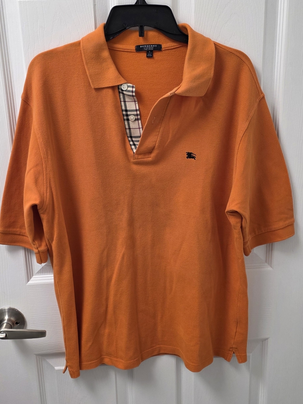 Burberry Mens Polo Shirt L Short Sleeve Dark Orange Nova Check Logo Quiet Luxury
